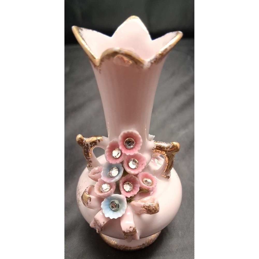 Collection of Seven Vintage Miniature Ceramic Bud Vases with Hand-Painted Design